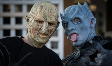 two people wearing spooky halloween masks