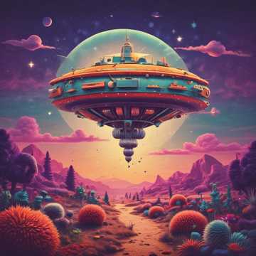 A colorful flying saucer hovering above a vibrant alien landscape with unusual plants and a large moon.