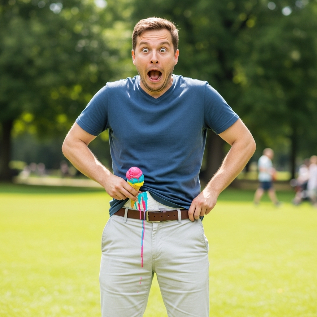 A man with a surprised expression holding an ice cream cone that is dripping onto his pants.